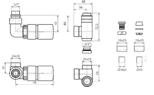 Tehnička skica 3-osni +G termostatski (kutni LIJEVI set)