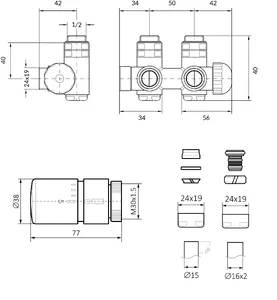 Tehnička skica donji+G termostatski (KUTNI DESNI)