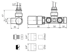 Tehnička skica donji enojni termostatski (kutni LIJEVI set)